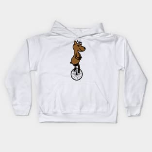 Funny deer rides a unicycle Kids Hoodie